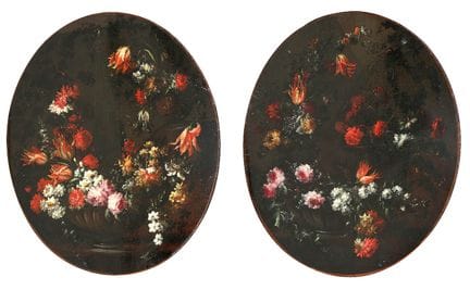 玛格丽塔·卡菲
盛有鲜花的豆荚花瓶
两幅布面油画，97x79 厘米；作品未装裱。
玛格丽塔·卡菲是法