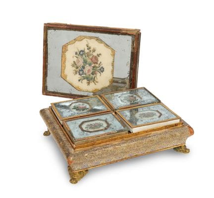 PRESSED CARDBOARD BOX, GILDED AND DECORATED WITH M