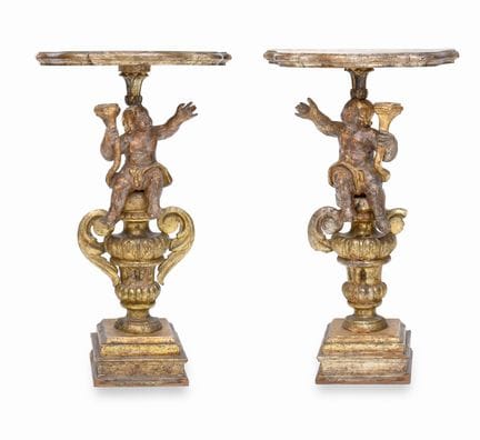 PAIR OF SIDE TABLES IN PAINTED AND PARTIALLY GILDE