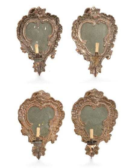 FOUR GILDED WOODEN WALL SCONCES FROM MECCA, PIEDMO