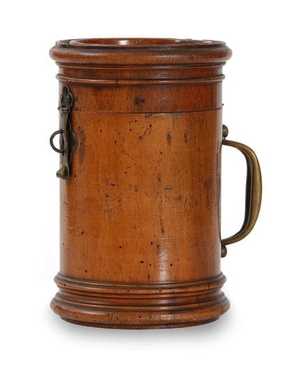 ALMS BOX, 18TH CENTURY, cylindrical with a hinged 