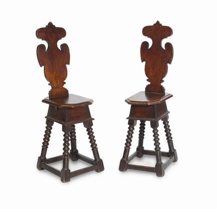 PAIR OF STOOLS WITH BACKREST IN THE SHAPE OF A CUP