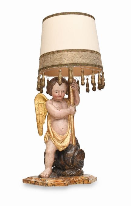 PAINTED AND PARTIALLY GILDED WOODEN ANGEL LAMP, 18