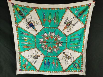 HERMÈS Paris: silk twill scarf featuring the “Russ