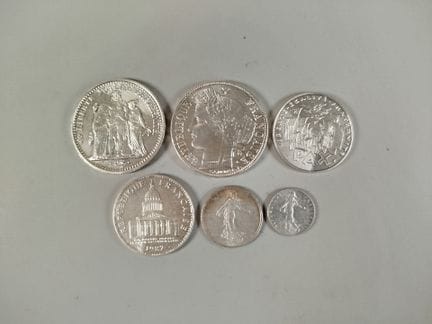 Collezione di sei monete francesi in argento, comp