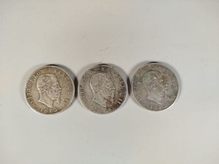 Serie di tre monete da 5 lire in argento 900 con l