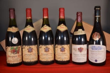 A selection of six bottles of Burgundy red wine, i