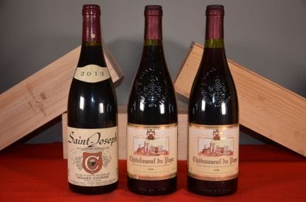 A set of three bottles of red wine from the Rhône 