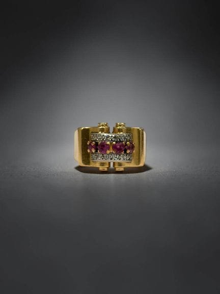 18K yellow and white gold (750/1000) tank ring fea