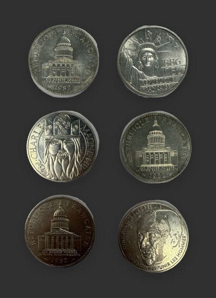 Set of 6 100-franc silver coins. 
Total net weight