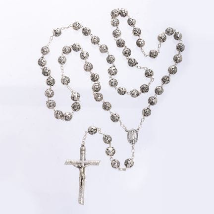 Silver rosary with a medal and a relic of Our Lady
