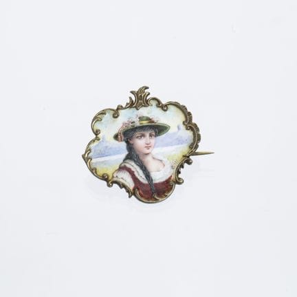 Silver and enamel brooch, hand-painted "lady." 28 