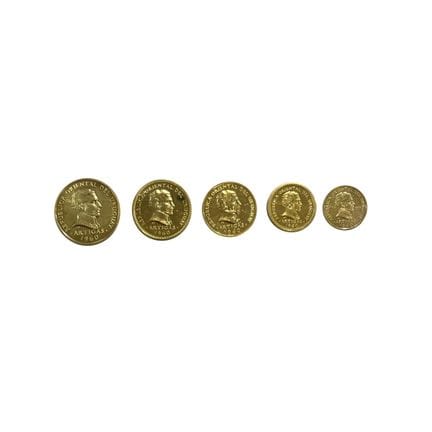 Set di sei monete di prova uruguaiane in oro 916 d