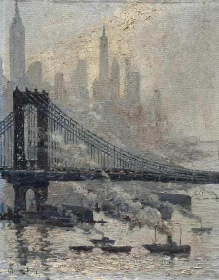 Signature illisible. Huile sur toile « Vue de New 