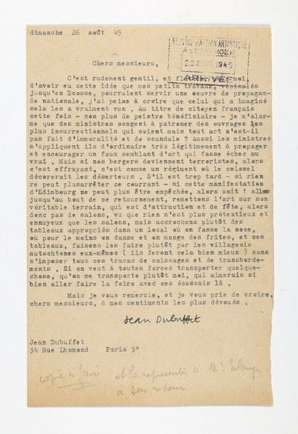 Jean DUBUFFET. Lettera al Servizio per gli scambi 