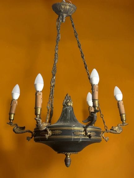 Six-arm pendant lamp made of green-painted sheet m