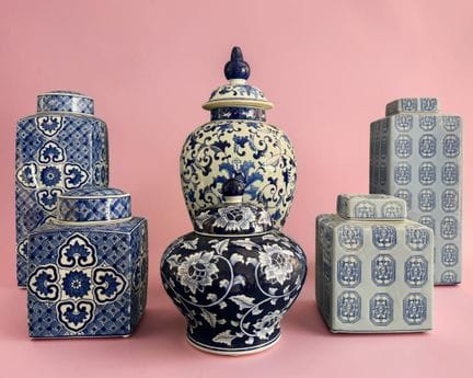 Set of six lidded porcelain vases with white and b