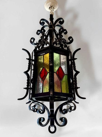 Black wrought-iron pendant light with polychrome t