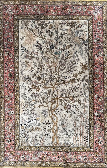 Ghoum (Iran) silk rug featuring a tree surrounded 