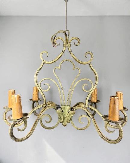 Green-gray patinated metal pendant light with six 