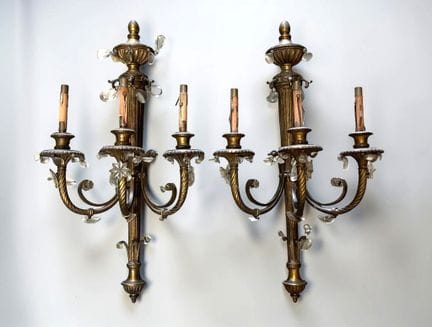 Pair of large bronze pendant sconces with three li