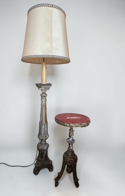 Large wooden tripod candlestick with painted and g