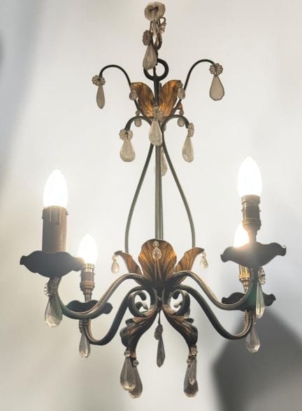 Four-arm pendant lamp with a green and gold patina