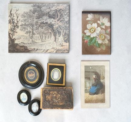 A collection of drawings, photographs, and an engr