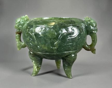CHINA
Jadeite tripod incense burner with handles f
