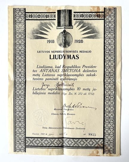 Attestato di consegna della medaglia commemorativa