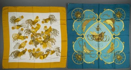 HERMES Paris 
Set of two printed silk twill scarve