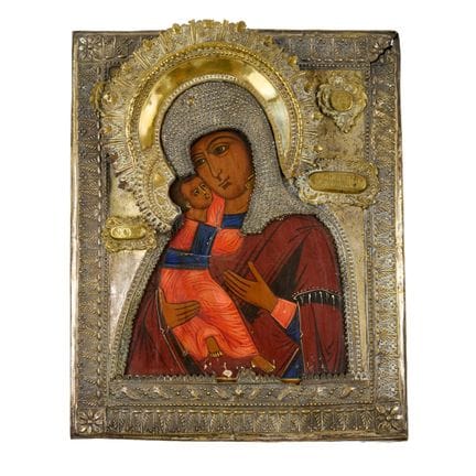 ICÔNE DE LA MÈRE DE DIEU DE VLADIMIR REVÊTUE D`UN 