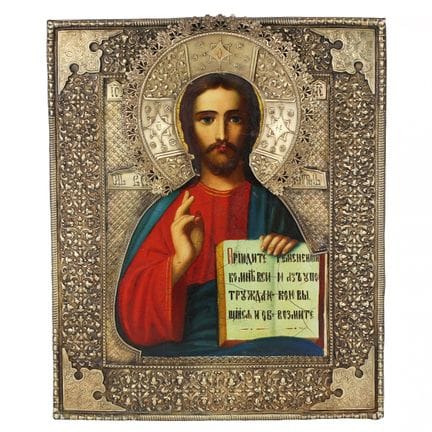 ICÔNE DU CHRIST PANTOCRATOR AVEC OKLAD EN ARGENT D