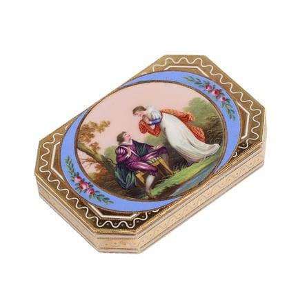 TABATIÈRE EN ÉMAIL SUISSE EN OR 14K AVEC MINIATURE