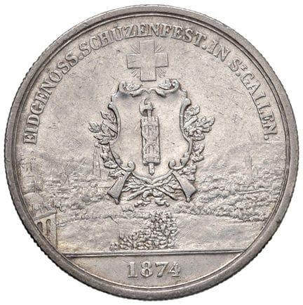 外国硬币——瑞士联邦（1848-） 5法郎 1874年圣加仑射击节——X S12 AG（24.98克