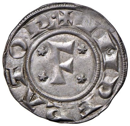 意大利钱币——比萨共和国，以腓特烈一世（1155-1312）名义铸造的12德纳里大币（1220-12
