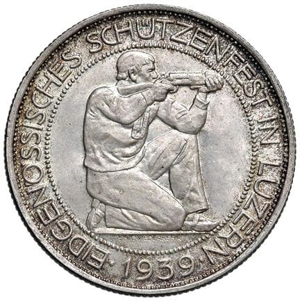 外国硬币——瑞士联邦（1848-）1939年5法郎卢塞恩射击节纪念币——X S20 AG（19.53