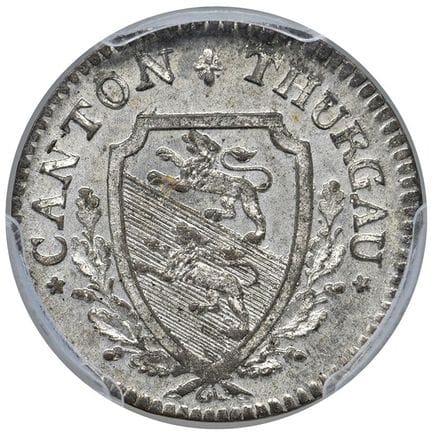 外国硬币——瑞士图尔高州（1803-1850）1808年半巴岑币——KM 1 MI，PCGS MS 