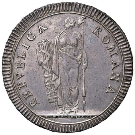 教皇硬币——第一罗马共和国（1798-1799）罗马盾币——铸造标记 1 AG（26.32 克）R 