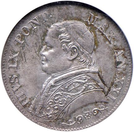 教皇硬币 - *庇护九世（1846-1878）1866年里拉，第21年 - 编号52 AG R，NG