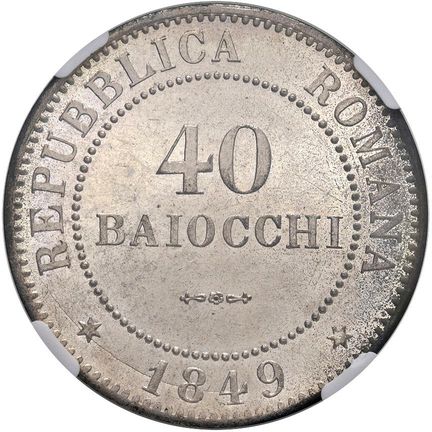 教皇硬币——第二罗马共和国（1848-1849）1849年40拜奥奇——铸币厂1 MI，NGC MS