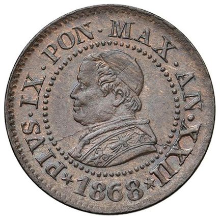 教皇硬币——庇护九世（1846-1878）1868年1分币，第XXII年——Munt. 63b CU