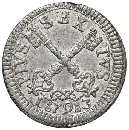 教皇钱币——庇护六世（1775-1799）1793年8拜奥奇——Munt. 85 MI（5.2克）R
