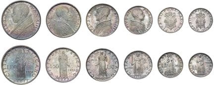 教皇钱币——庇护十二世（1939-1958）1951年试铸分币系列（第XIII年），共8种面值，银质