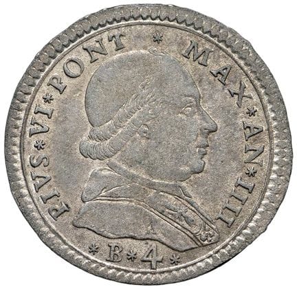教皇钱币——庇护六世（1775-1799）博洛尼亚——4拜奥奇 1778年（共和历第四年）——铸币编