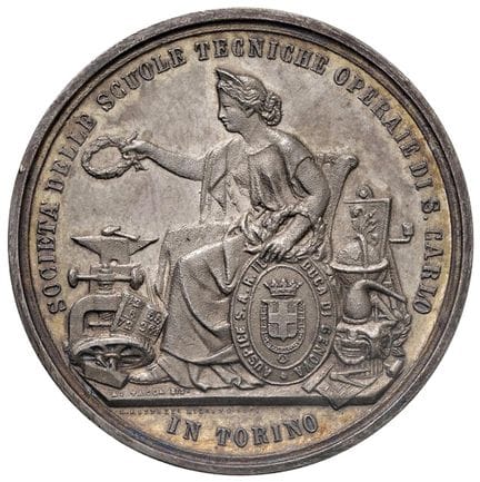 奖章 - 都灵 圣卡洛工人技术学校协会 1876-1877年奖章 三年级雕塑类一等奖，获奖者：皮耶罗
