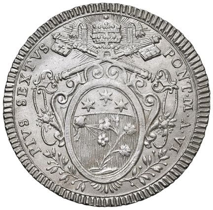 教皇钱币——庇护六世（1775-1799）罗马盾币 1780年（共和第六年）——铸造日期：17 AG