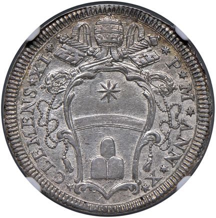 教皇钱币——克莱门特十一世（1700-1721）大头像币，第X年——铸币厂72 AG R，NGC M