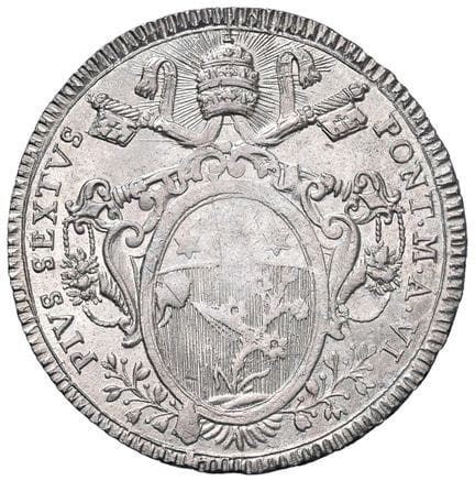 教皇钱币——庇护六世（1775-1799）罗马盾币 1780年（共和历第六年）——铸造日期：17 A