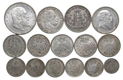 多枚套装 - *德国 15枚银币套装：1909年3马克币； 3枚1876年、1877年和1907年的